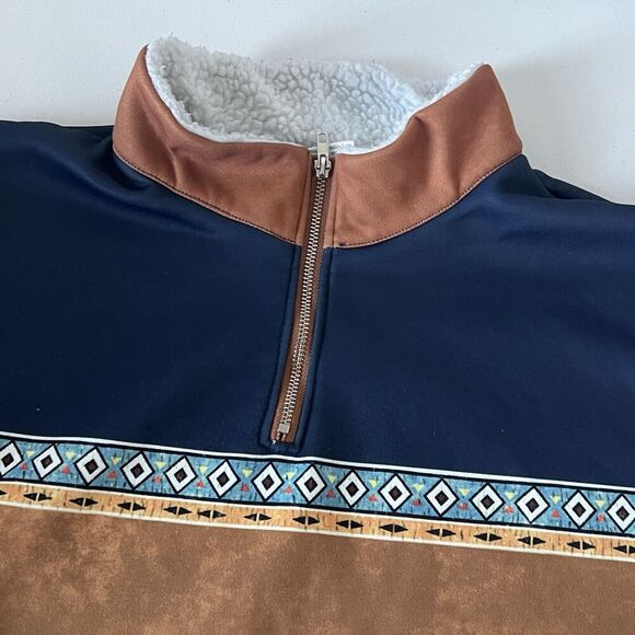 Mens XL Quarter Zip Sweatshirt Western Aztec Cowboy Pockets Fur Collared - Picture 10 of 10